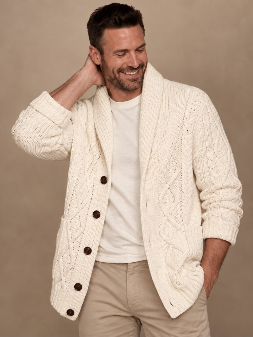 Banana Republic Men Cable Knit Shawl Collar Cardigan Sweater Ivory XXL Tall